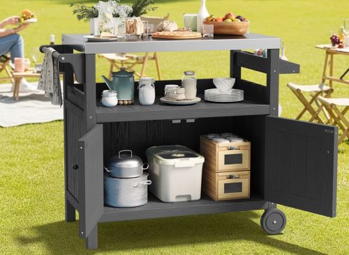 Hyleory Gray Outdoor HDPE Rolling Serving Cart with Stainless Steel Top and Storage Cabinet