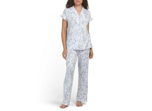 LAURA ASHLEY 2pc Toile Notch Collar Ruffle Hem Long Pants Pajama Set