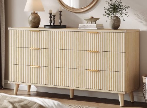 Laintene 6 Drawer Dresser for Bedroom, 53" Wide Dressers & Chest of Drawers, Boho Fluted Dresser with Wave Panel Design, Modern Storage Dressers Organizer for Living Room, Natural