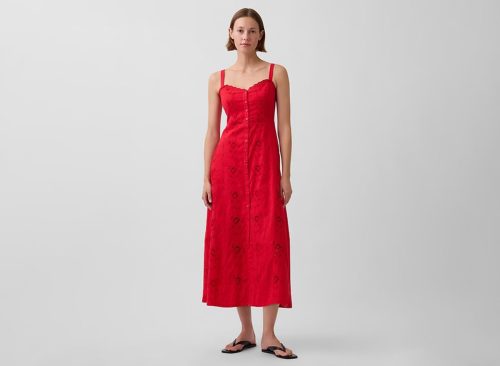 Linen-Blend Embroidered Button-Front Cami Maxi Dress