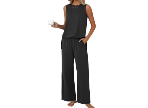 MINTREUS Lounge Sets for Women Knit Loose Tank Top Wide Leg Pants Soft Comfy Pajamas Set 2-Piece Outfits