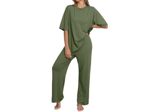 MINTREUS Lounge Sets for Women Knit Short Sleeve Tops and Long Pants Soft Comfy Pajamas Set Oversized 2 Piece Outfits S-4X