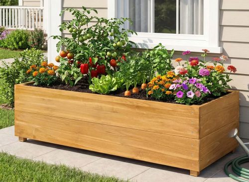 Mother's Day 43.3" Outdoor Solid Fir Wood Raised Garden Bed with Liner, Large Planter Box for Vegetables & Herbs, Natural Wood, 1pc