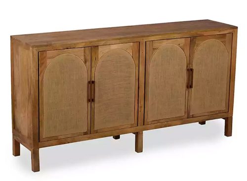 New! Bennett Natural Wood and Burlap 4 Door Cabinet