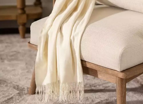 New! Ivory Bamboo Blend Fringe Throw