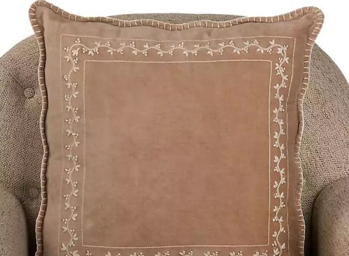 New! Taupe Velvet Embroidered Floral Border Pillow