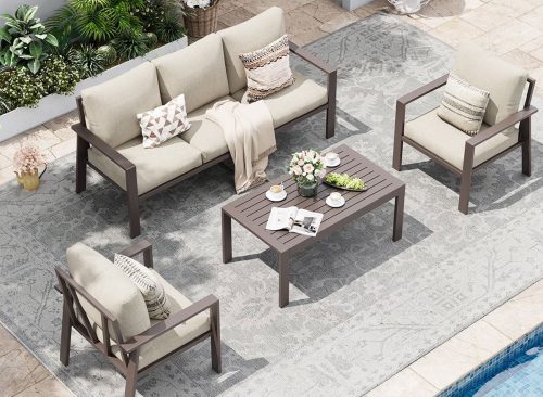 POTEBAN Aluminum Patio Furniture Set, Modern Metal Outdoor Sectional Sofa, Patio Conversation Sets with Side Table for Poolside, courtyard,Khaki