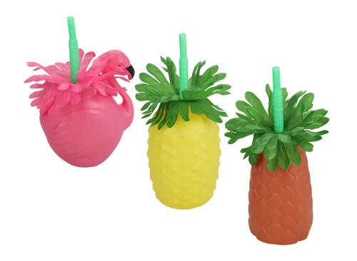 Plastic Luau-Themed Shaped Cups with Straws, 12 oz.