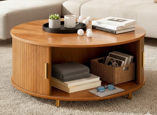 Round Coffee Table with 360° Sliding Tambour Door, 31.5" Modern Coffee Table with Storage, Mid-Century Fluted Accent Center Table with Adjustable Footpads for Living Room, Yellow Walnut