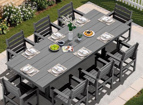 SERWALL 9 Pieces Outdoor Dining Set, Patio Dining Set, HDPE Outdoor Table and Chair with Umbrella Holes, (1 Table + 8 Chairs)