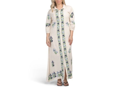 SOLITAIRE Linen Blend Three-quarter Sleeve Embroidered Maxi Dress