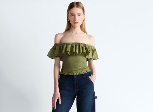 Scoop Women's and Women's Plus Off-the-Shoulder Smocked Ruffle Cotton Top, Sizes XS-4X