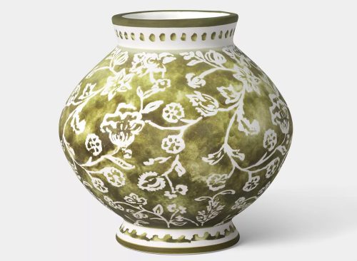Short Floral Painted Ceramic Vase Green - Threshold™