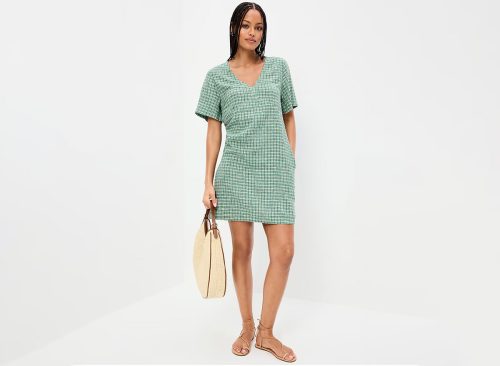 Short-Sleeve Linen-Blend Mini Shift Dress