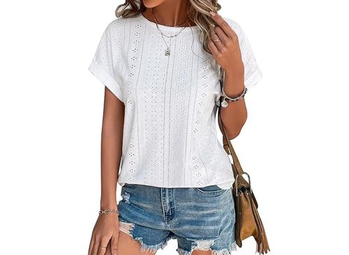 TEMOFON Womens Tops Eyelet Embroidery Summer Spring Crewneck Casual Short Sleeve Blouse 