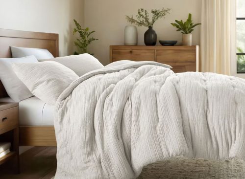 Waffle Textured Comforter Set All Season Down-Alternative Ultra Soft Bedding - Becky Cameron, Dune, Full/Queen