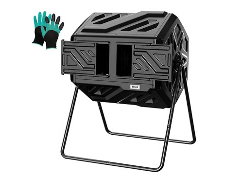 Werph 43 gal. Dual Chamber Compost Tumbler Outdoor Black Heavy Duty 2 Sliding Doors with Gloves