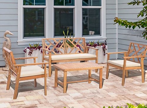 Werph Outdoor Patio Furniture Set, 4 pc. Wood Outdoor Patio Sofa Bench and 2 Single Sofa Chairs with Table & Padded Cushions