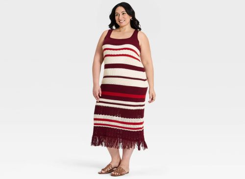 Women's Bodycon Midi Fringe Sweater Dress - A New Day™ Burgundy Striped XXL