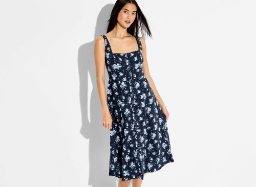 Women's Button-Front Midi A-Line Dress - Wild Fable™ Navy Blue Floral S