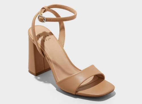Women's Haley Ankle Strap Single Band Flare Heels with Memory Foam Insole - A New Day™ Tan 8: Block Heel, Open Square Toe