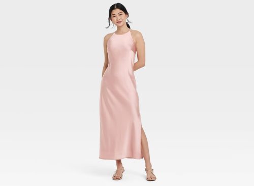 Women's Satin Halter Maxi Slip Dress - A New Day™ Light Pink S: Halter Neck, Open Back, Midweight Woven Fabric, Machine Washable