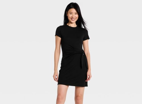 Women's Short Sleeve Tie-Front Knit Mini Dress - A New Day™ Black M