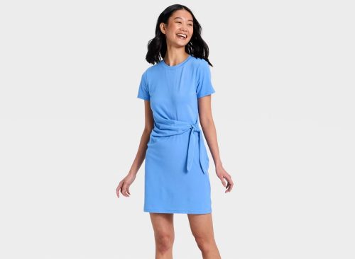 Women's Short Sleeve Tie-Front Knit Mini Dress - A New Day™ Blue M