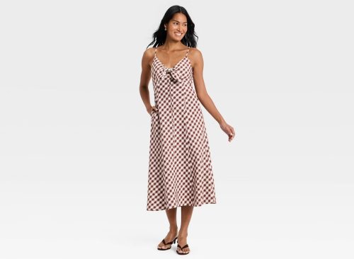 Women's Sleeveless Bow-Front Midi A-Line Dress - A New Day™ Brown Gingham M
