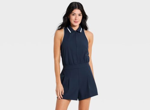 Women's Sleeveless Knit Pleated Romper - All In Motion™ Navy Blue S