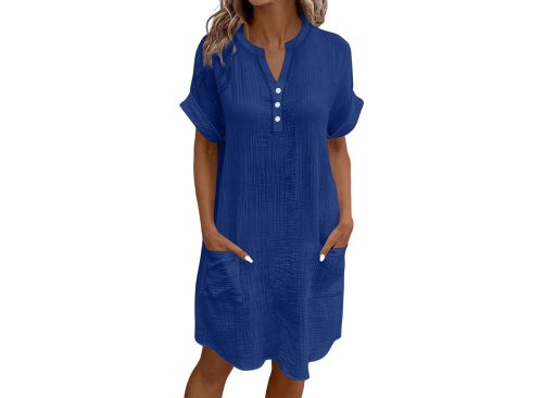 Women's Summer Dress Ndbuld Casual Midi Short Sleeve Button Down Shirt Dresses Loose Beach Cover Up with Pockets,Blue ,Size XL