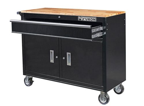YUKON 46 in. Mobile Workbench with Solid Wood Top, Black