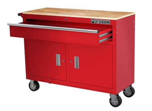 YUKON 46 in. Mobile Workbench with Solid Wood Top, Red