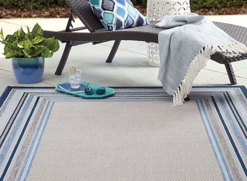 allen + roth with STAINMASTER Blue Border 8 x 10 (ft) Loomed Polypropylene Blue Rectangular Outdoor Border Hose Washable Pet Friendly Area rug