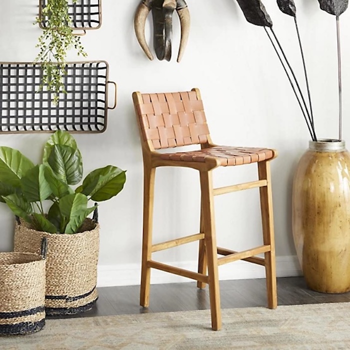 Harper & Willow Teak & Woven Leather Kitchen Bar Stool