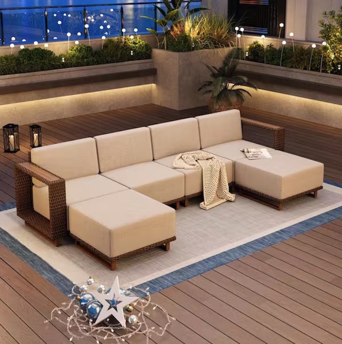 PHI VILLA Rattan Wicker 6-Piece Outdoor Patio Conversation Set