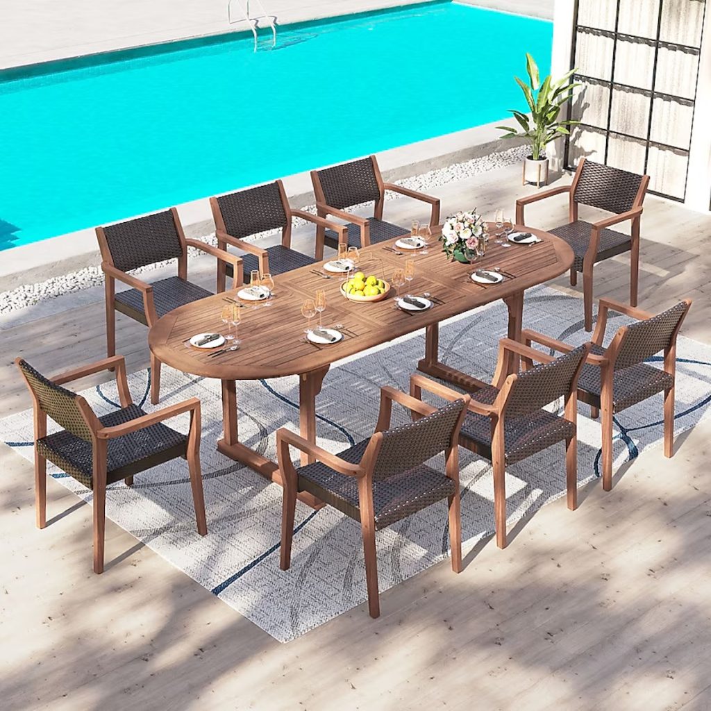 Sunshine Valley 9-Piece Wood Rattan Patio Dining Se