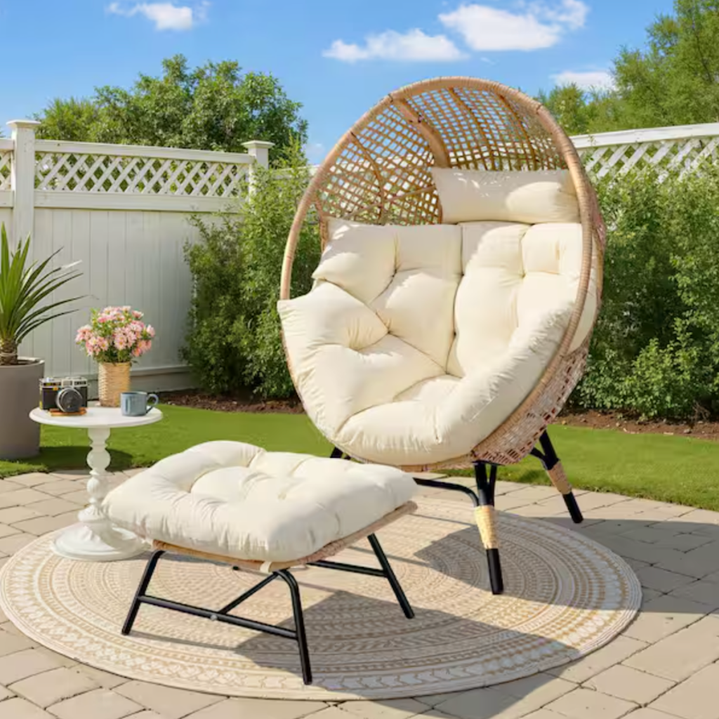Wicker Indoor Outdoor Egg Lounge Chair with Ottoman
