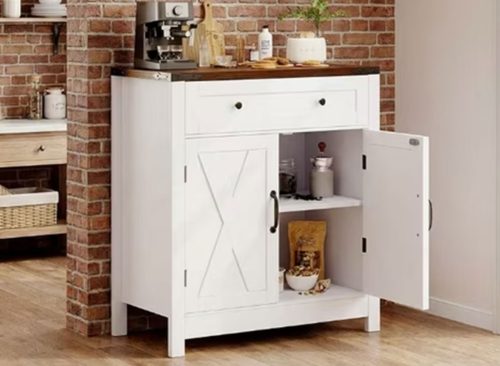 30" Coffee Bar Station Cabinet, Kitchen Storage Sideboard with Drawer and Adjustable Shelves, Modern Farmhouse Buffet Cabinet for Kitchen, Living Room, Entryway, White