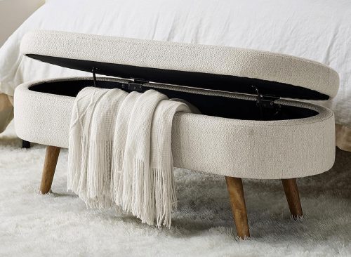 43.5" Ottoman with Storage, Storage Ottoman Bench with Safety Hinge, Linen End of Bed Bench, Upholstered Entryway Bench for Bedroom, Living Room & Window, Holds up to 330 lb, Beige