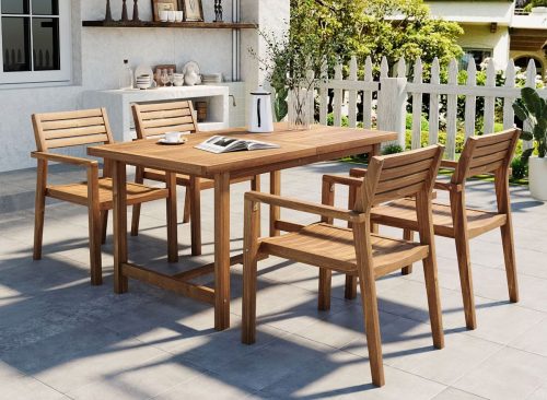 5PCS Outdoor Dining Set for 4, Patio Dining Furniture Set with 4 Chairs & Table with Umbrella Hole, Weather-Resistant Acacia Wood, Natural -ModernLuxe