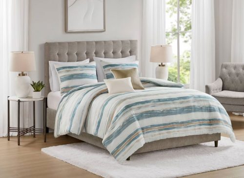 5pc Queen Watercolor Striped Bedding Set Blue