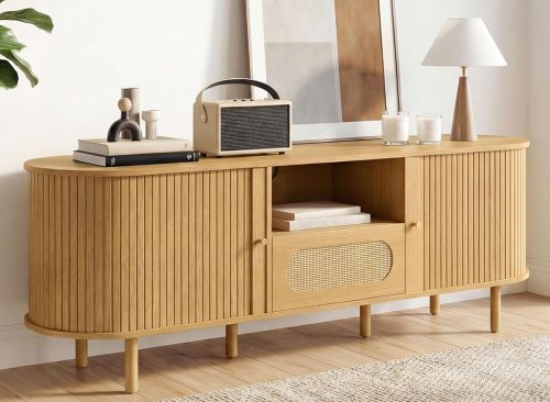 63'' Tambour TV Stand with Power Outlet for TVs up to 70 in,Mid-Century Modern TV Entertainment with 3 Cable Management Holes,Rattan Drawer & Fluted Sliding Doors,Media Console with Solid Wood Legs