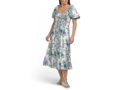 AVEC LES FILLES Linen Blend Twist Front Puff Sleeve Midi Dress