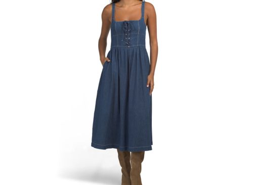 BLU PEPPER Lace Up Denim Midi Dress