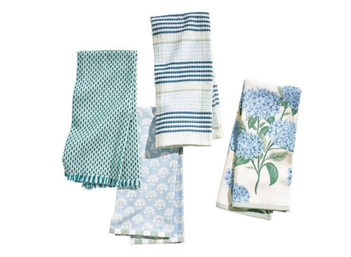 Beautiful Home by Drew Barrymore Floral Trellis Kitchen Towel Set, 4 Piece, Blue, 18" x 28"