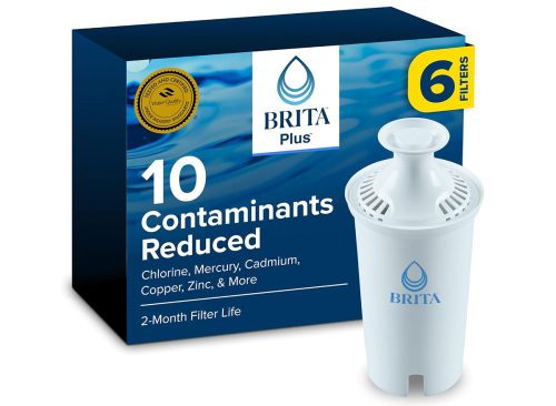 Brita BritaPlus Replacement Water Filter for Pitchers and Dispensers, WQA NSF/ANSI Certified, Reduces 2x More Contaminants vs. Standard Brita, Reduces Chlorine Zinc Copper Mercury & More, 6 Filters