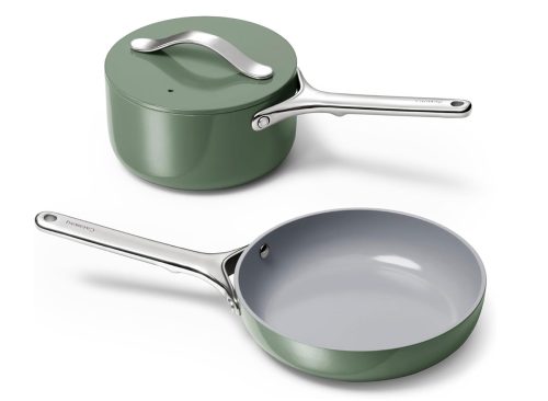 Caraway Mini Cookware Set - Non-Stick Ceramic Fry Pan (1.05 qt, 8") Sauce Pan (1.75 qt) & Storage Rack - Non Toxic, PTFE & PFOA Free - Oven Safe & Stovetop Agnostic (Gas, Electric & Induction) - Sage