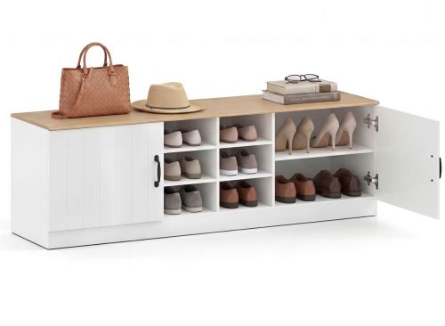 Costway 2-Door Shoe Bench wirh Adjustable Shelves & 6 Compartments, Hidden Storage Space Natural+White