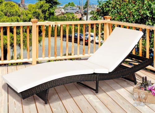 Costway Patio Rattan Folding Lounge Chair Chaise Adjustable W/White Cushion